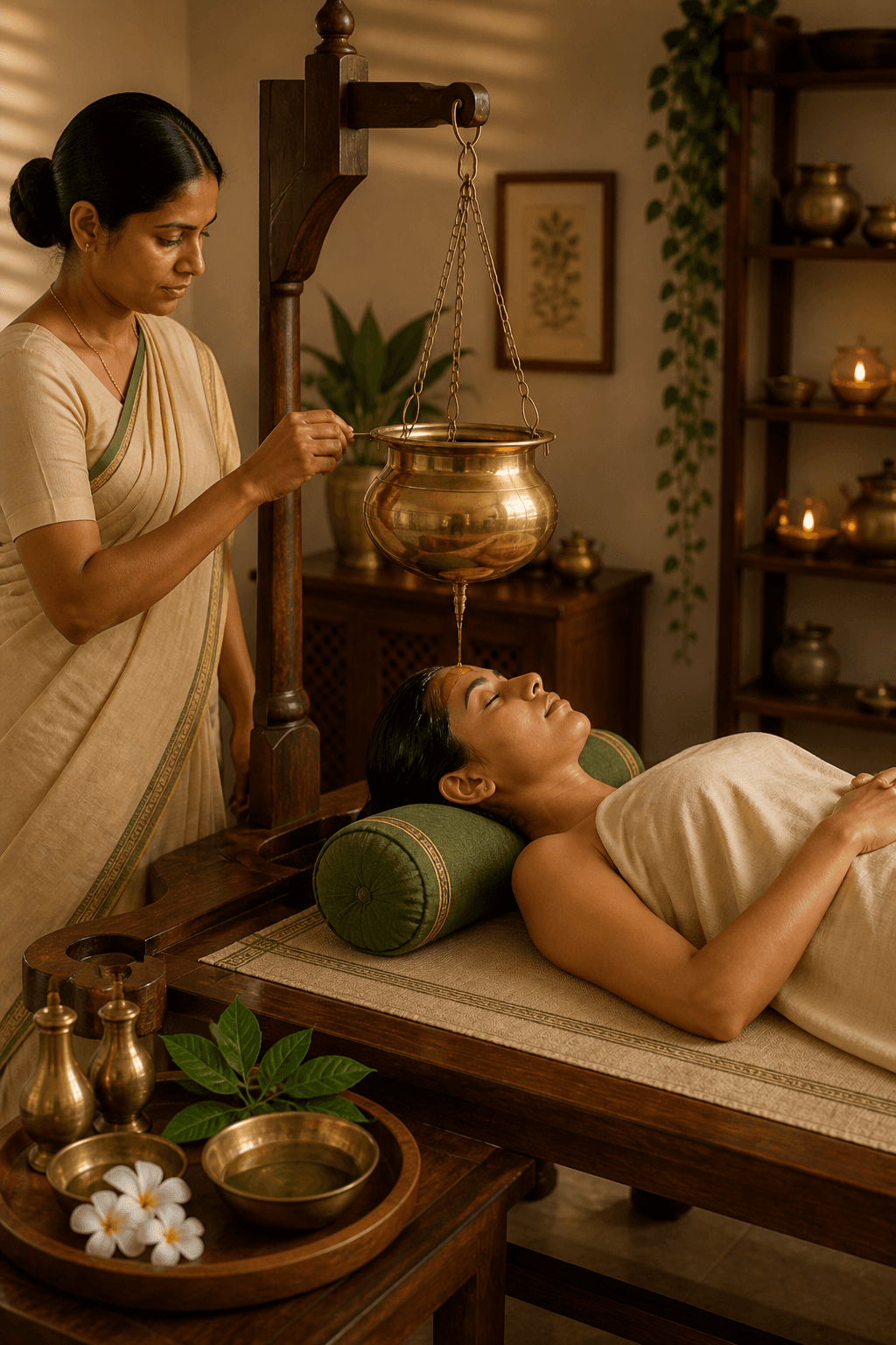Patient receiving traditional Shirodhara therapy at Shashvat Ayurveda